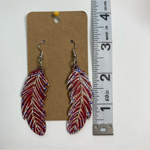 One-of-a-Kind Hand Painted Wooden Feather Earrings - Red and Blue Fall Colors - Picture 4 of 9